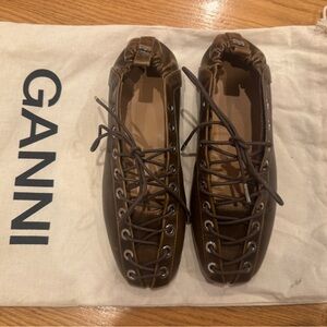Ganni Dark Brown Leather Lace-Up Flats